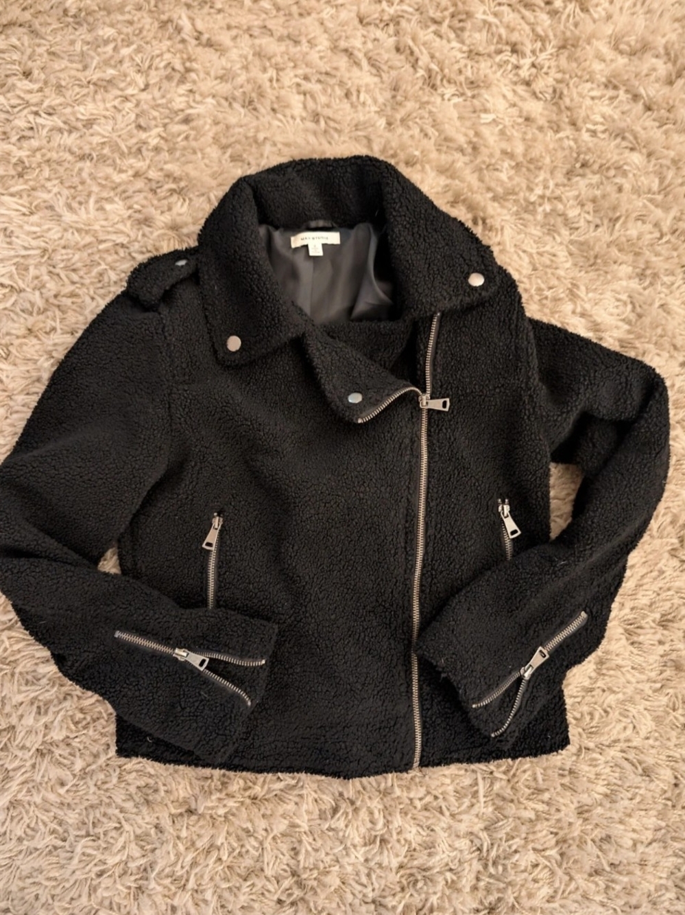 Max Studio Black Teddy Sherpa Moto Jacket with Silver Hardware